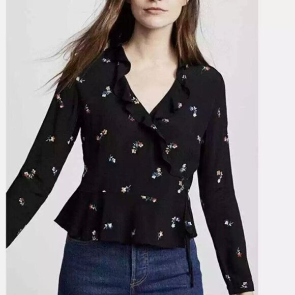 Rails Simone Blouse Wrap Top Long Sleeve Shirt Floral Rayon Black Size Small - Picture 2 of 10